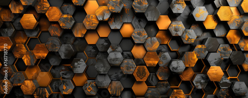 An abstract technological hexagonal background features shades of gray, orange, black, and gold, evoking a sense of modernity and sophistication with its geometric patterns and vibrant color palette.