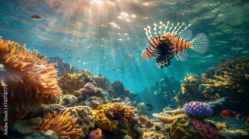 A lionfish swimming amongst colorful coral reef under the sea.