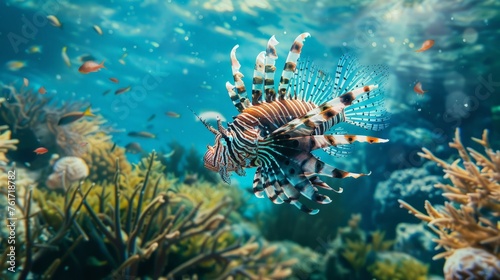 A lionfish gracefully navigates through a vibrant coral reef teeming with marine life.