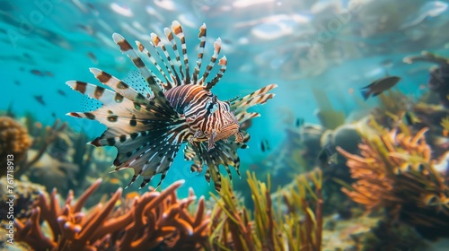 A lionfish gracefully navigates through a vibrant coral reef, its distinct striped fins cutting through the water.