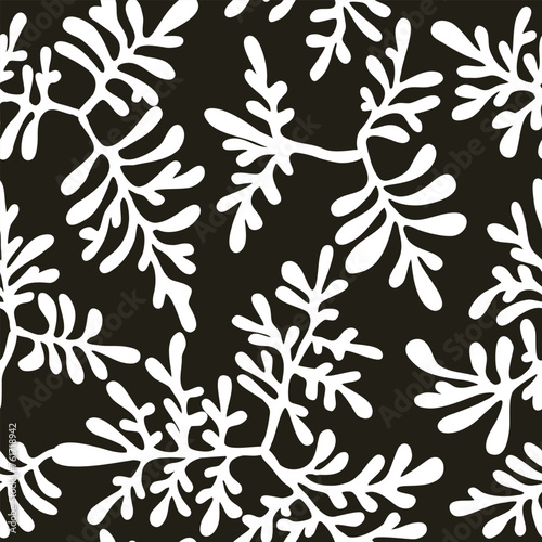 Seamless laconic delicate floral vector monochrome two color trending pattern, handmade doodle for fabric design, decor, ceramics, cards, flowers, texture print on dark background