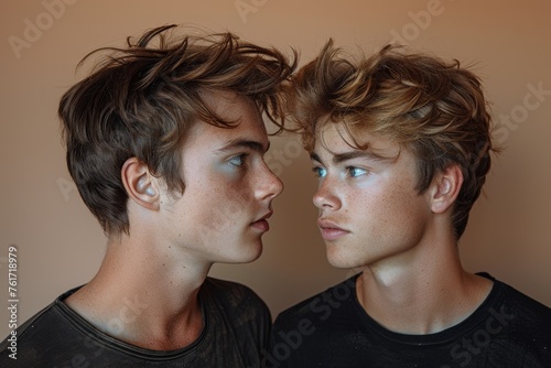 Portrait of a gay couple on a wall background