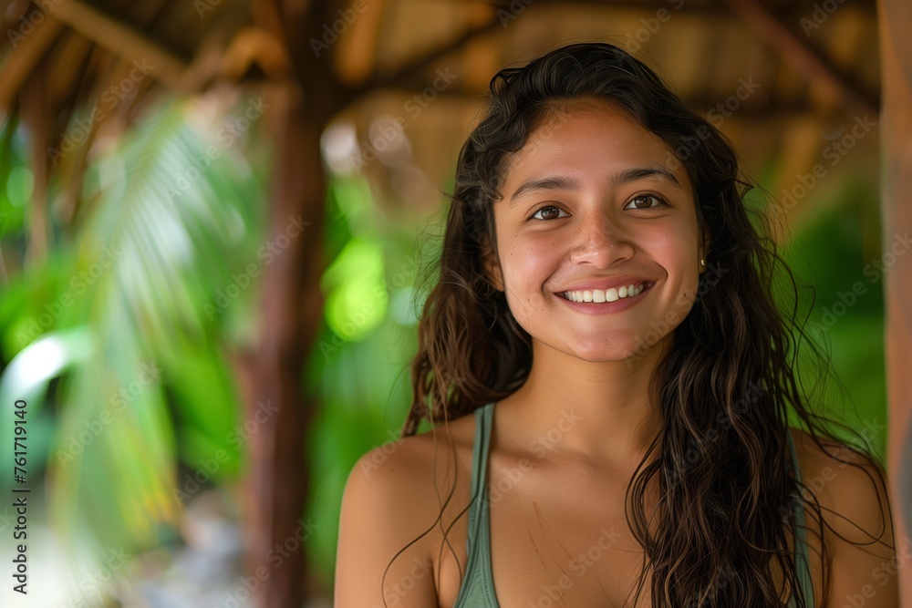 Radiant young female with a bright smile enjoys the serenity of a tropical environment Radiant young female with a bright smile enjoys the serenity of a tropical environment