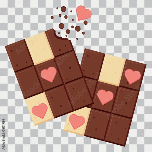 Vector Milk Chocolate and White Chocolate bars with pink hearts on transparent background