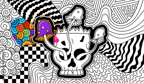 Coloring page for adults. Groovy scull and checkerboard. Zentangle psychedelic braincase.