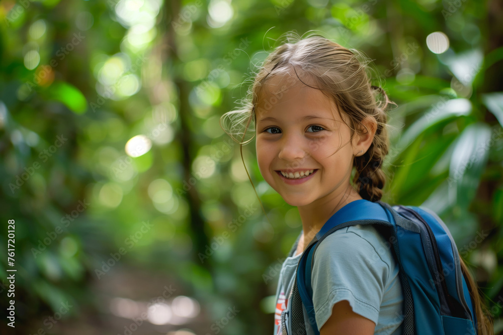 Cheerful young girl with a backpack enjoys a nature hike in a lush rainforest Cheerful young girl with a backpack enjoys a nature hike in a lush rainforest