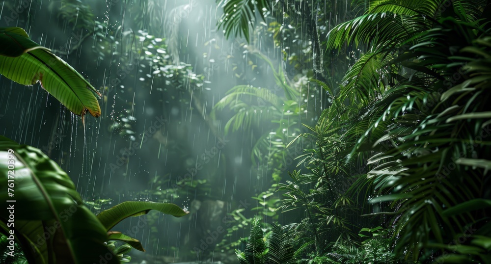 Rain pours down from the sky onto lush green jungle foliage in a tropical forest setting. - obrazy, fototapety, plakaty 