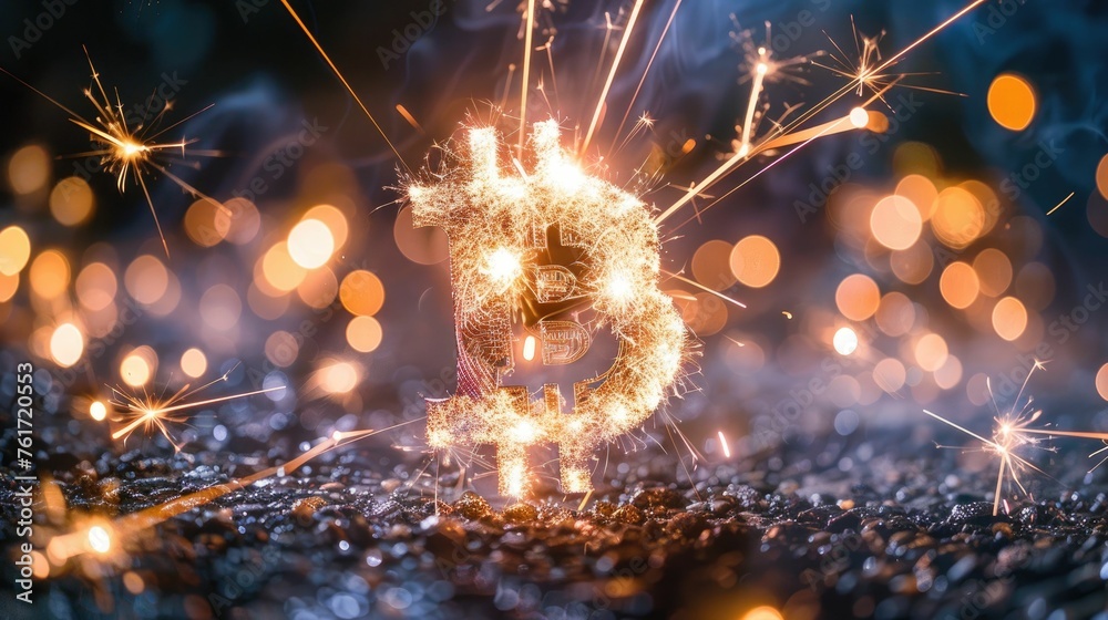 A spectacular display of fireworks forms a giant bitcoin symbol in the night sky, celebrating the explosive growth of cryptocurrency - obrazy, fototapety, plakaty 