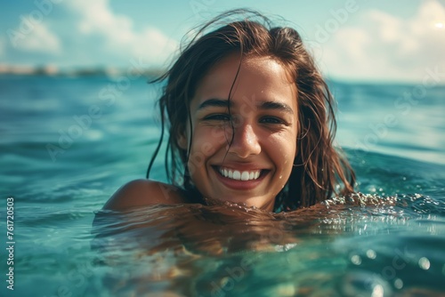 Joyful young female swimmer enjoying a sunny day at sea, close-up portrait with sparkling water background