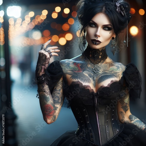 Portrait of a goth girl with black hair and many tattoos
