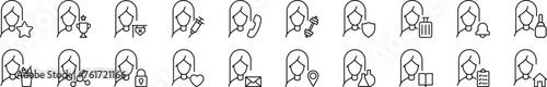 Female user by items linear vector icons collection. Editable stroke. Simple linear illustration for web sites, newspapers, articles book