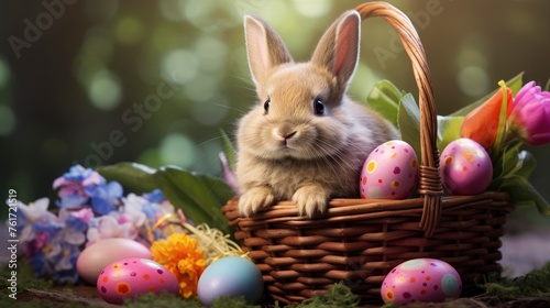 Little Bunny In Basket With Decorated Eggs - Easter Card - generative ai