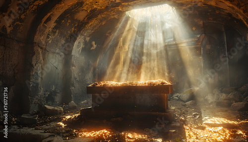 The image shows the empty tomb of Jesus Christ and crucifixions in the rays of the sun, representing the resurrection and hope of salvation. It is a powerful depiction of the Easter story. photo