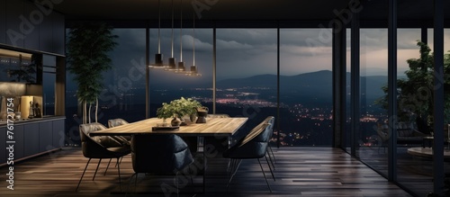 A dining room with a wooden table and chairs, overlooking a cityscape at night with shimmering lights reflecting on the water, under a starry sky © 2rogan
