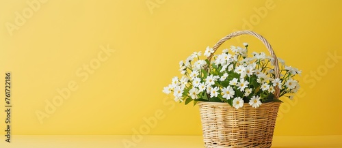 Wooden basket with flowering summer field daisies and violet wildflowers isolated on yellow background. AI generated illustration © Or