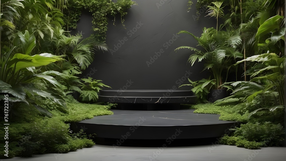 A black stone platform with room for merchandise is situated between the leaves of green plants. - obrazy, fototapety, plakaty 