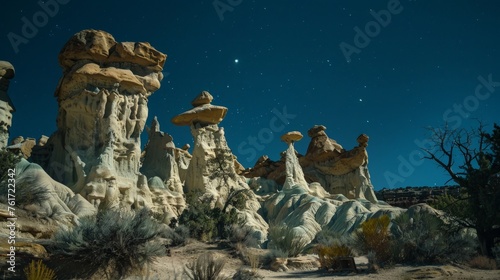 Multiple rock formations stand in the desert under a night sky, illuminated by the stars. © pham