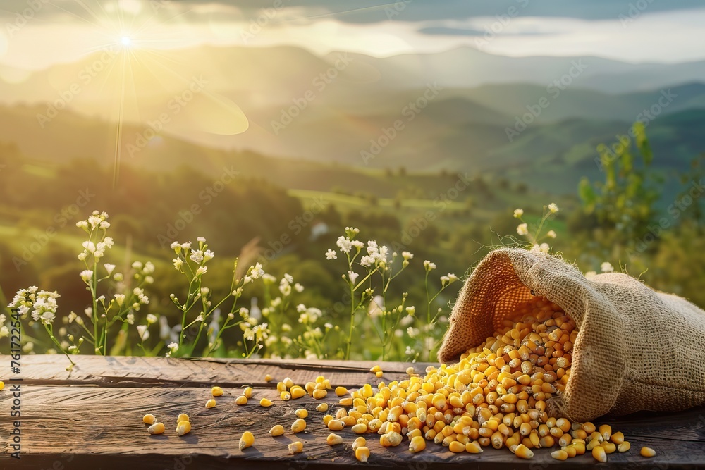 fresh corn cobs and dry seeds in bag on wooden table with green maize field on the background. Agriculture and harvest concept. AI generated illustration