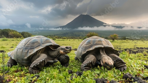 Two large tortoises are positioned on top of a vibrant green field. The tortoises are stationary and are surrounded by lush vegetation. photo