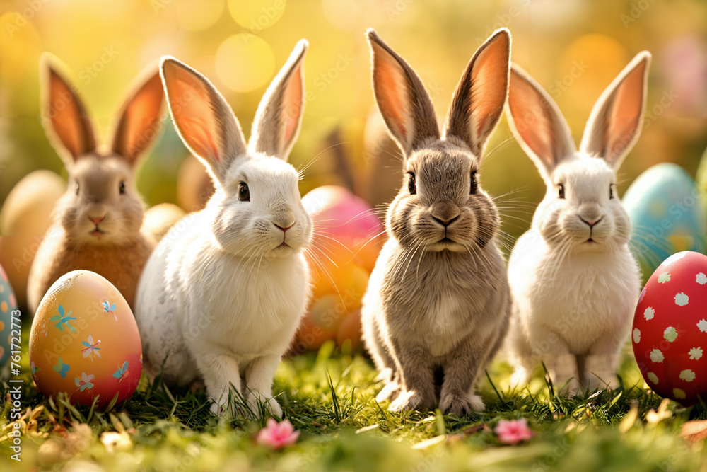 Fototapeta premium Easter bunnies with Easter eggs in the garden