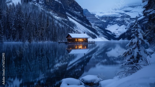 A cabin sits on the edge of a frozen lake, with towering snow-covered mountains in the background.
