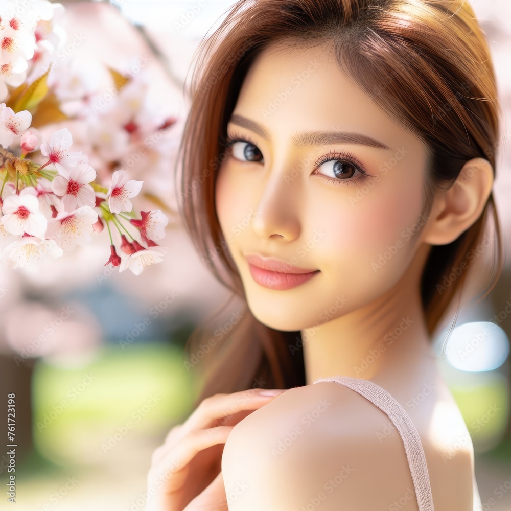 Portrait of a beautiful woman with black hair. In the background are Japanese cherry blossoms Portrait of a beautiful woman with black hair. In the background are Japanese cherry blossoms
