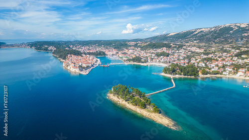 Behold the enchanting beauty of the historic town of Rab, nestled on the picturesque island of Rab in Croatia сaptured from a drone photo