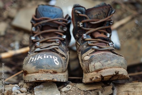 hiking shoes with "hiking" written on them, 