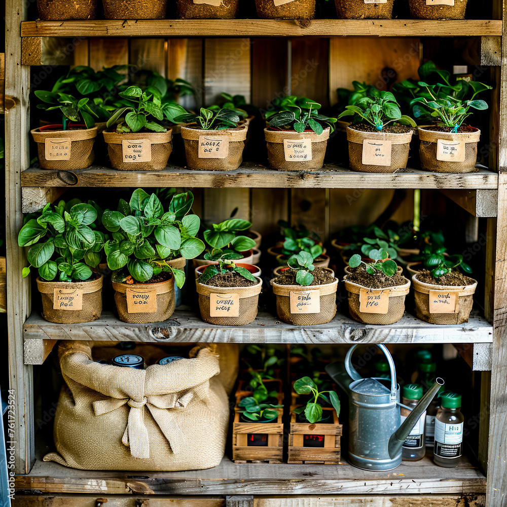 Fototapeta premium Shelf filled with potted plants next to bag of dirt and watering can.