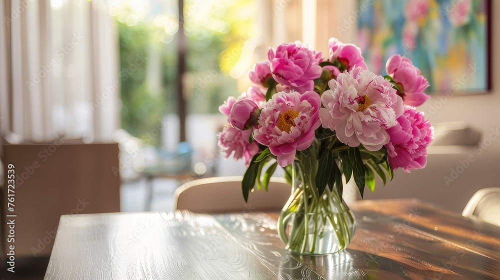 Elevate your dining experience with our photo of a vase filled with pink peonies on a rustic wooden table in a cozy dining room Elevate your dining experience with our photo of a vase filled with pink peonies on a rustic wooden table in a cozy dining room