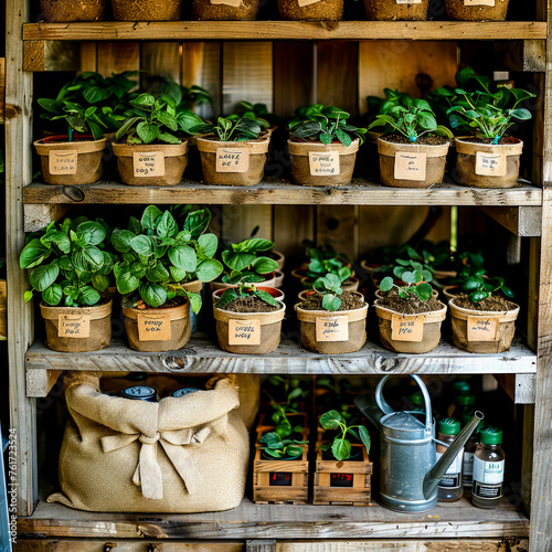 Shelf filled with potted plants next to bag of dirt and watering can.