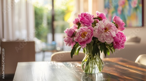 Elevate your dining experience with our photo of a vase filled with pink peonies on a rustic wooden table in a cozy dining room