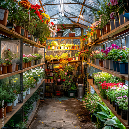 Greenhouse filled with lots of potted plants and hanging pots of flowers.