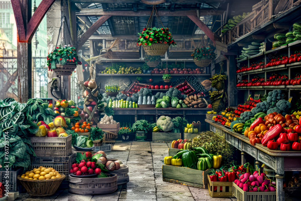 Painting of farmers market filled with lots of fresh fruits and vegetables.