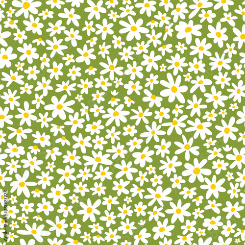Seamless pattern with daisy flowers on green background