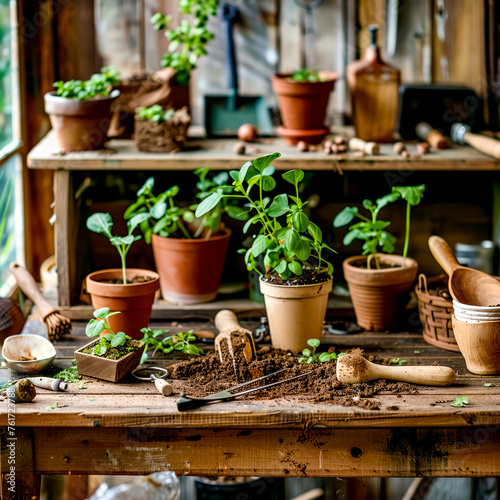 Wooden table topped with potted plants next to shelf filled with dirt.