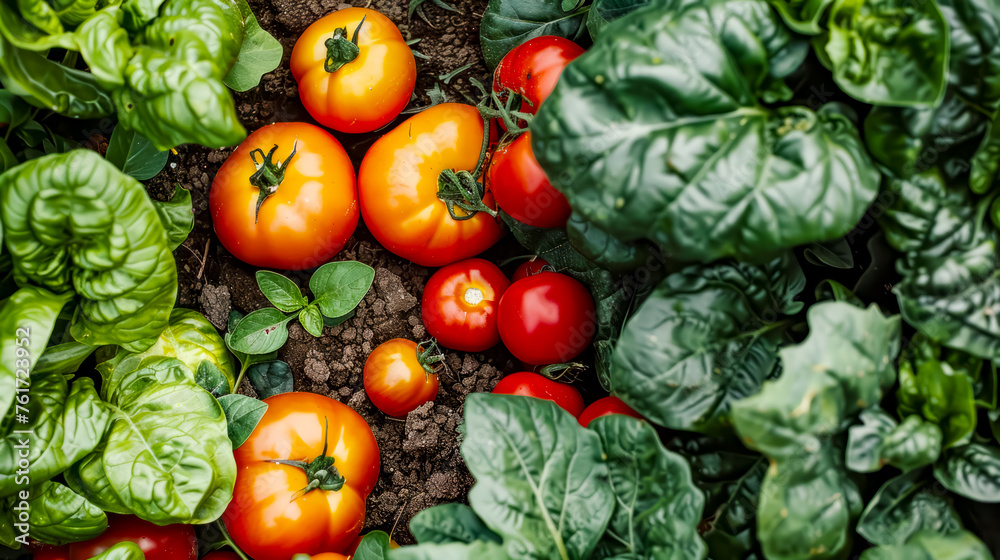 Group of red and green tomatoes and green leaves on bed of dirt. Group of red and green tomatoes and green leaves on bed of dirt.