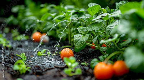 Bunch of tomatoes are being watered by sprinkle of water.