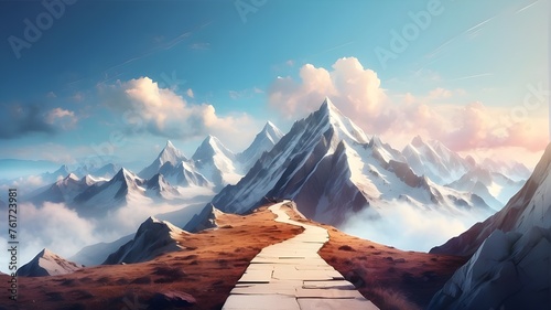 abstract route that leads to the summit of a mountain in achievement of objectives concept background