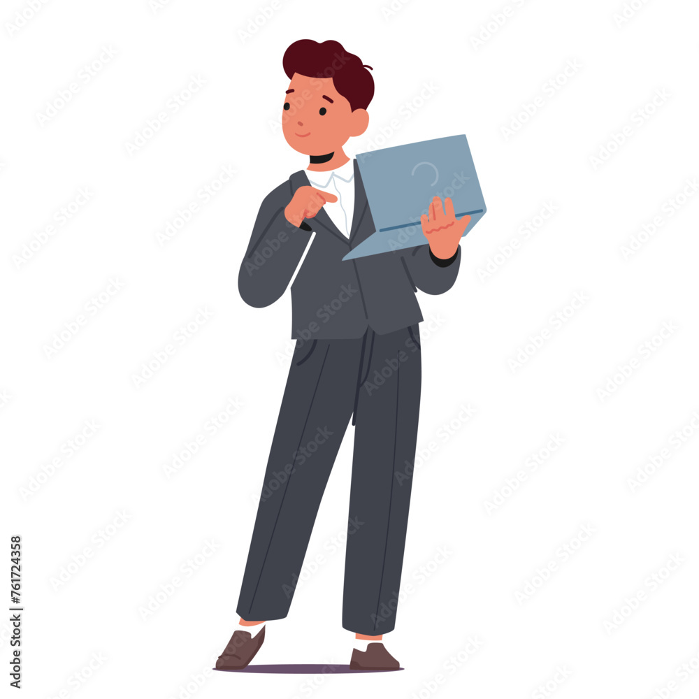 Kid Future Profession Concept. Boy Businessman Holding Laptop. Little Child Character In Formal Suit Managing Business Kid Future Profession Concept. Boy Businessman Holding Laptop. Little Child Character In Formal Suit Managing Business