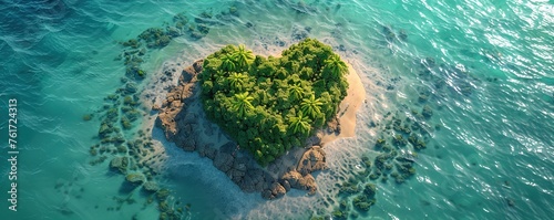 Love Vacation Concept. Aerial Shot of Tropical Island in the Shape of a Heart. © Coosh448