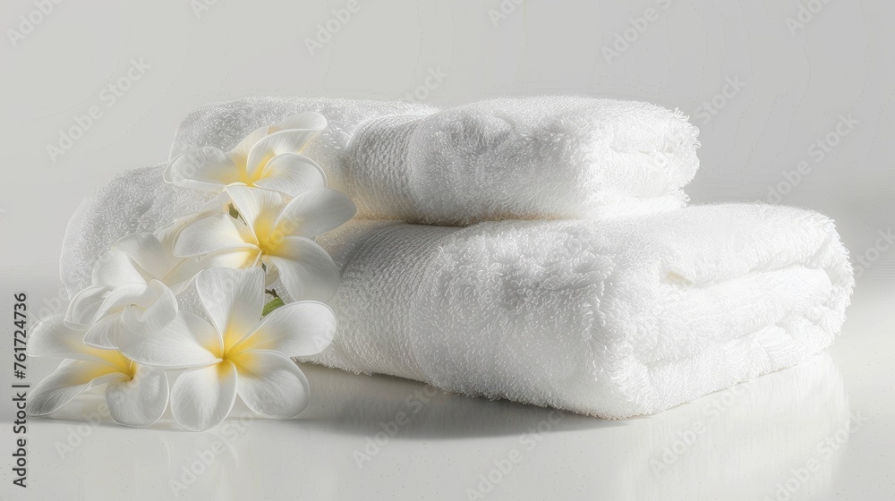 Indulge in luxury with our image of folded soft terry towels adorned with beautiful flowers on a crisp white background. Pamper yourself Indulge in luxury with our image of folded soft terry towels adorned with beautiful flowers on a crisp white background. Pamper yourself
