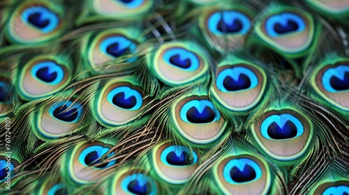 Close up photography showcasing vibrant peacock feathers as a stunning background © Ilja