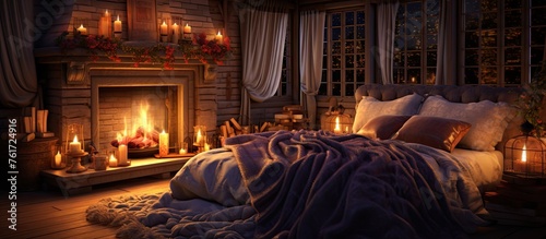 A cozy bedroom with a gas fireplace, candles for ambiance, and a comfortable bed. The room is illuminated by the soft glow of the fire and candles, creating a relaxing atmosphere