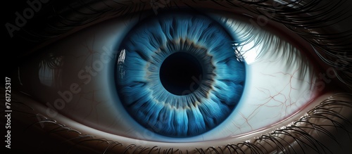 A closeup shot of a human eye reveals intricate details of the iris, eyelashes, and eyebrow in electric blue hues, creating a mesmerizing circle of art in the dark photo