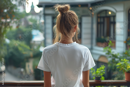 Mockup de una camiseta blanca de mujer, de espaldas. Mujer de espaldas caminando por la ciudad. Espalda blanca para añadir y colocar un diseño. Plantilla textil para recurso gráfico promocional. 