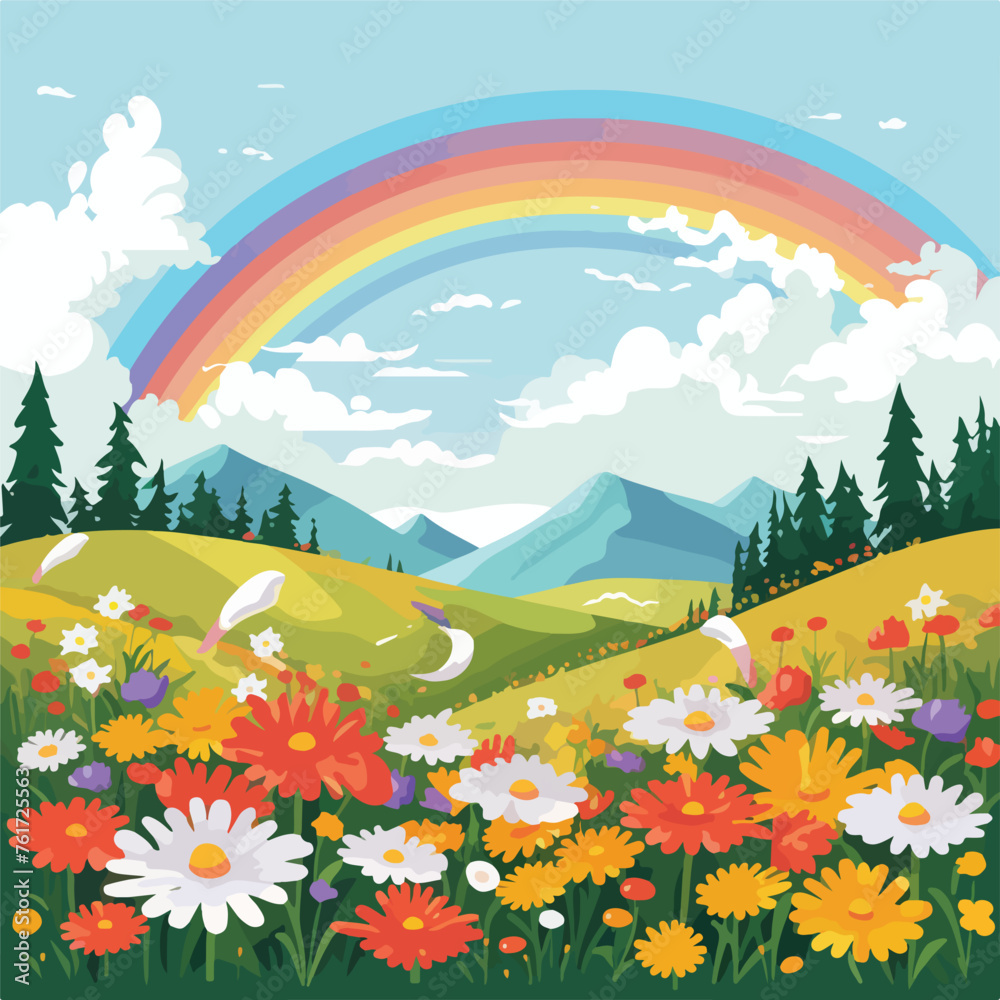 Colorful rainbow over a field of flowers illustration