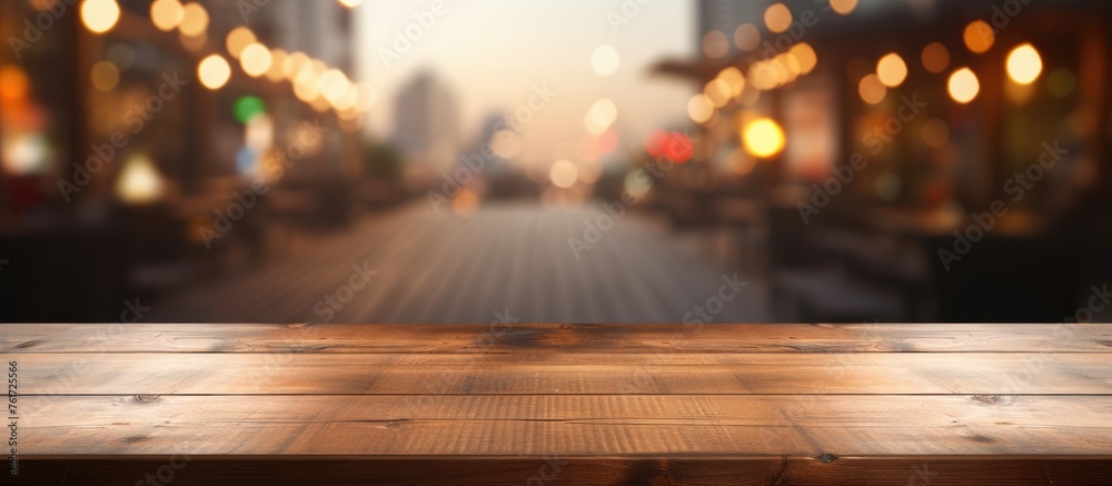 Empty wooden table against blurred restaurant background for product display.