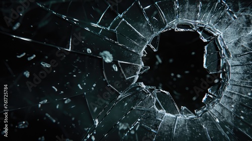 Broken glass on dark background with hole, close up photo photo
