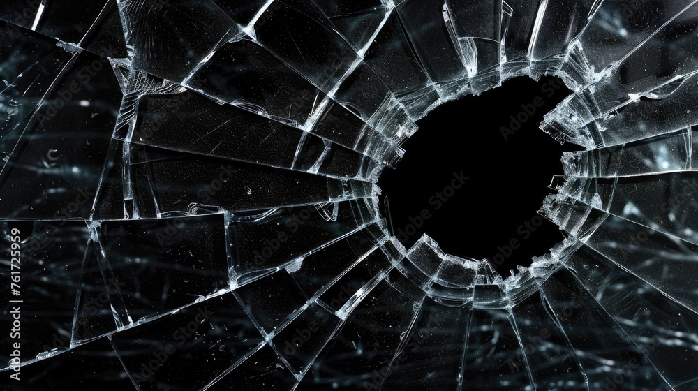 Broken glass on dark background with hole, close up photo - obrazy, fototapety, plakaty 